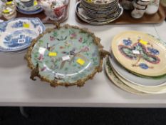 A painted Chinese celadon tazza with gilt metal stand & sundry items of pottery etc
