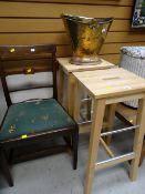 A pair of lightwood bar stools, a brass helmet shaped coal bucket & a single inlaid mahogany chair