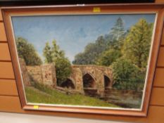 Framed oil on board of a bridge by NORRIS