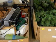 Box of mixed household contents and an artificial Christmas tree