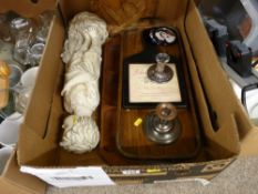 Treen trays, electroplate candleholders etc