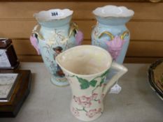 Pair of twin handled Staffs vases and a Maling lustre jug