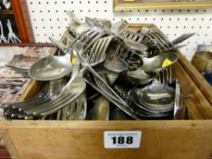 Small wooden box containing quantity of King's pattern cutlery and other cutlery