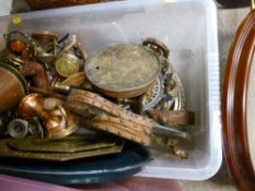 Tub of mixed metalware, bellows etc