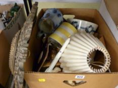 Box of vintage and other crockery and a sunburst wall mirror etc