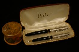 Parker 51 two piece set in original case and a small decorated treen box