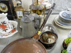 Quantity of pewter ware, brass and copper spirit kettle and a long handled copper bed warming pan