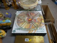 Hors d'oeuvres dish and a brass topped cribbage board etc