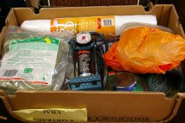 Box of garden related goods, Halford foot pump etc