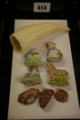 Small ivory tusk, two Wade Whimsies, two Oriental small porcelain figures and three pieces of