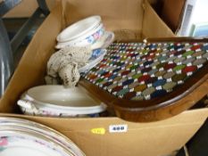 Parcel of Samson Bridgewood dinnerware, beadwork stool, small quantity of linen etc