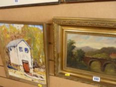 Gilt framed oil on board - fisherman on a bridge and one other