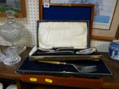 Wooden cased set of dessert cutlery, cased fish serving set etc