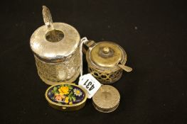 Silver topped cut glass hair tidy, chase decorated hallmarked pill box and one other and an