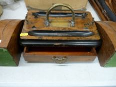 Treen writing stand with plaque dated 1893 and a pair of wooden bookends