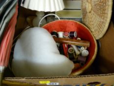 Box of mixed household items including haberdashery items