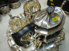 Three piece electroplate tea service and a three footed electroplate tray