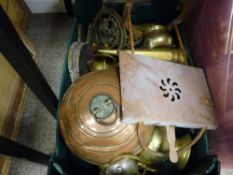 Box with good quantity of copper, brassware, bellows and an oval shaving mirror etc