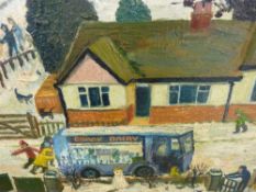 Naive oil on board - children in the snow