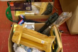 Box of mixed items including fishing equipment, wooden stool etc