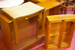 Teak glass fronted bookcase, pine two door wall cabinet and a dressing stool