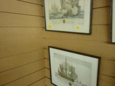 Pair of framed coloured etchings - full masted galleons sculpted by MILTON