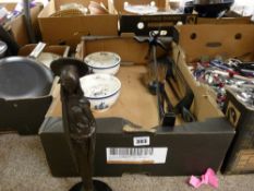 Metallic religious figure inscribed 'Luce', fire iron set etc