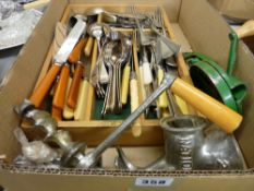 Kitchenalia and a tray of mixed flatware