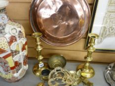 Pair of brass candlesticks, other brassware and a long handled copper bed warming pan