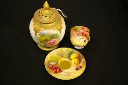 Royal Worcester pot pourri jar and cover (damaged) and a hand painted fruit decorated cabinet cup
