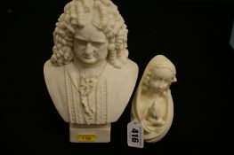 Pottery bust of Madonna with hands clasped and a parian bust of Handel, R & L monogram stamped to