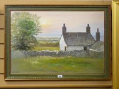 BRETT LONDON oil on board - whitewashed farmstead