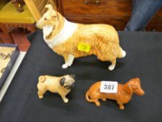 Beswick collie dog, pug dog and a dachshund