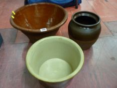 Two crocks and a similar planter