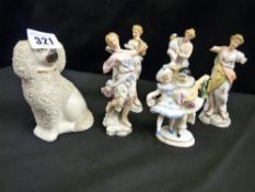 Quantity of Continental china figurines (damage) and a Staffs pottery poodle