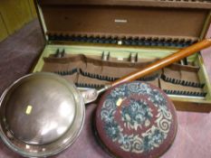 Beadwork topped footstool, long handled copper warming pan and an empty cutlery canteen