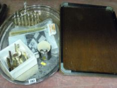 Galleried electroplate tray, toast rack, wooden tray etc