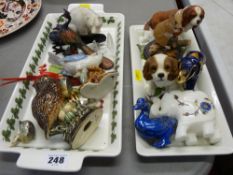 Two Portmeirion sandwich trays with quantity of animal and bird ornaments