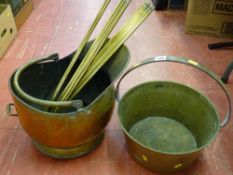 Brass jam pan with iron handle, brass helmet coal scuttle and a quantity of stair rods
