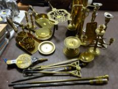 Large parcel of miscellaneous brassware including fire irons, trench art etc
