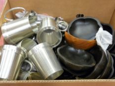 Quantity of white metal glass bottom tankards, quantity of hardwood hors d'oeuvre bowls etc