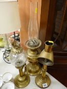 Quantity of brass oil lamps etc