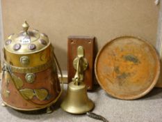 Ship's bell and an interesting shaped copper and brass coal bucket