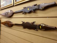 Pair of crocodile decorated African spear paddles