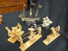 Hong Kong made salt and pepper set in the form of a wheeled cart, three wooden Oriental models and a
