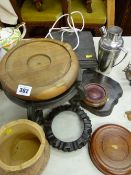 Parcel of hardwood ceramic stands, Oriental pot, cocktail shaker etc