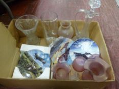 Wine decanter with stopper, Caithness vase, cranberry glassware, etched glass chimney vase etc