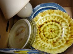 Good size platter and box containing miscellaneous items