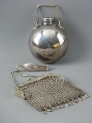 A GLOBULAR PLATED DRINKS FLASK and a chainmail lady's purse with belt clip, the flask having a