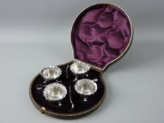 A CASED SET OF FOUR SILVER SALTS & SPOONS, Chester 1898 and Birmingham 1966 respectively, 2.3 troy